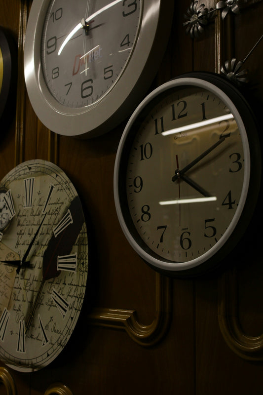 Several clocks are hanging on a wall
