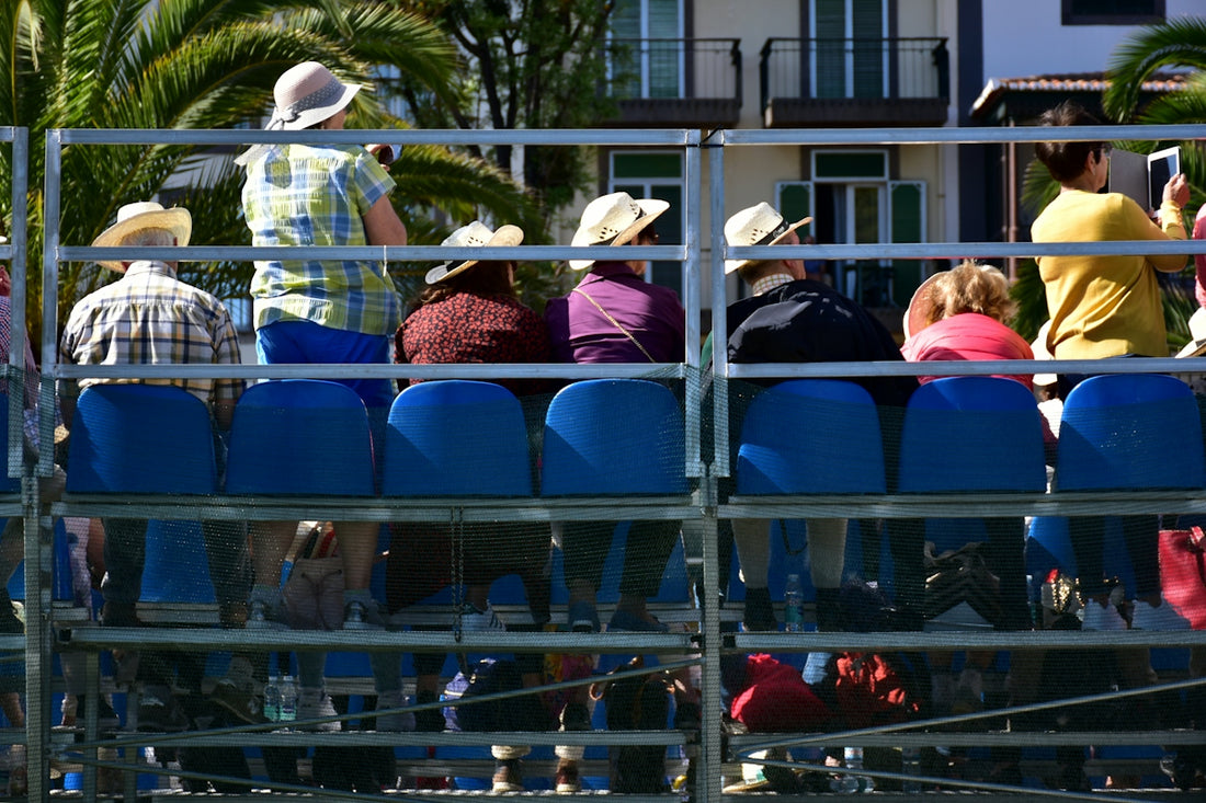 Audience in hats seated in blue stadium seats