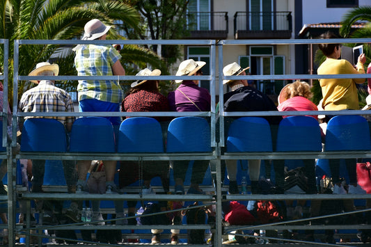 Audience in hats seated in blue stadium seats