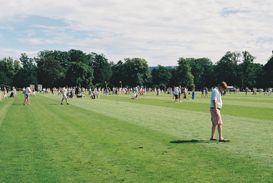 People gathered on wide green field under cloudy sky
